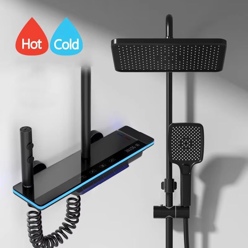 Luxury Smart Shower System With LED Lights And Digital Thermostat  Full Set Glass Panel Faucet 6