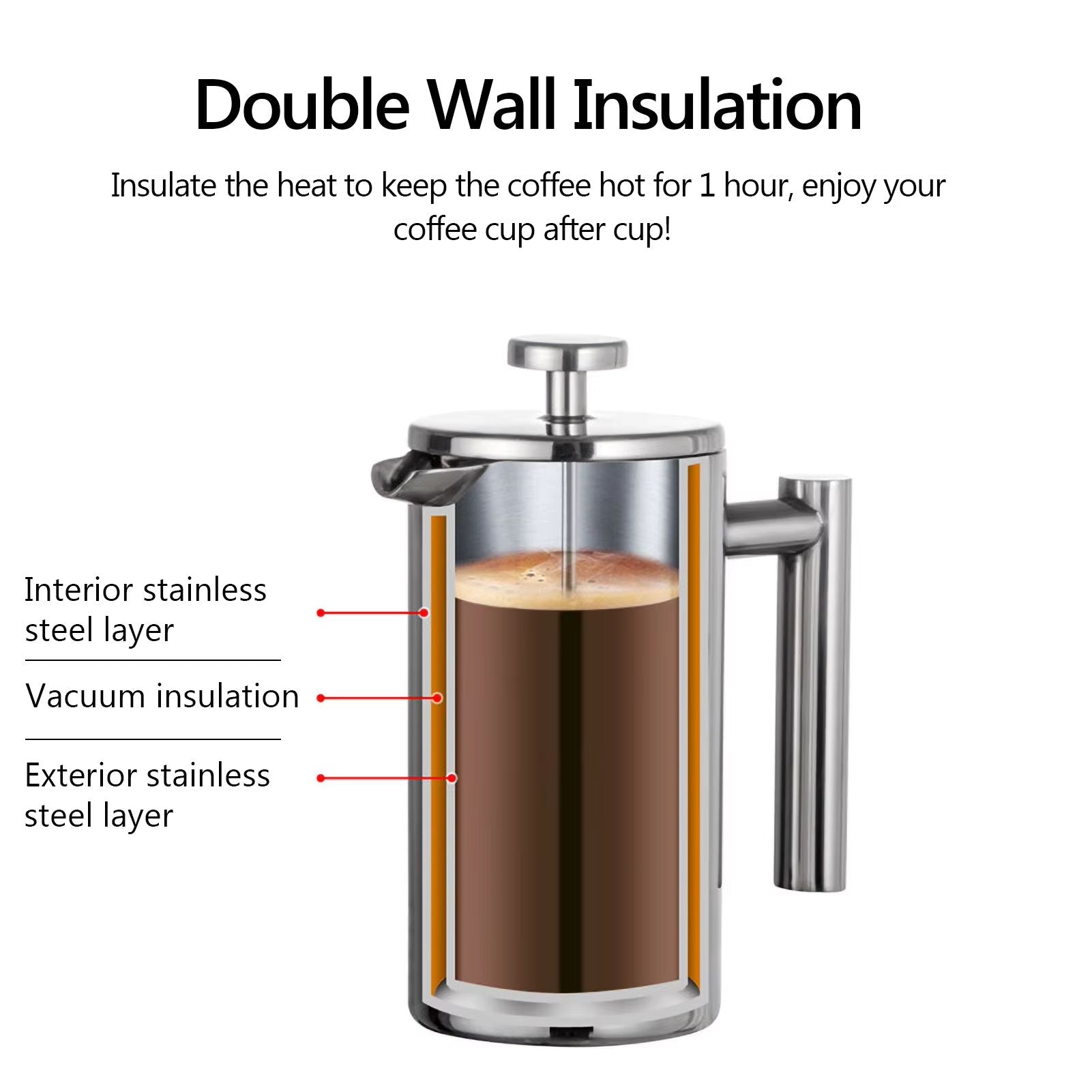 Stainless Steel French Press Coffee Maker  Double Wall Insulated Coffee Pot 350ml  800ml  1000ml 1