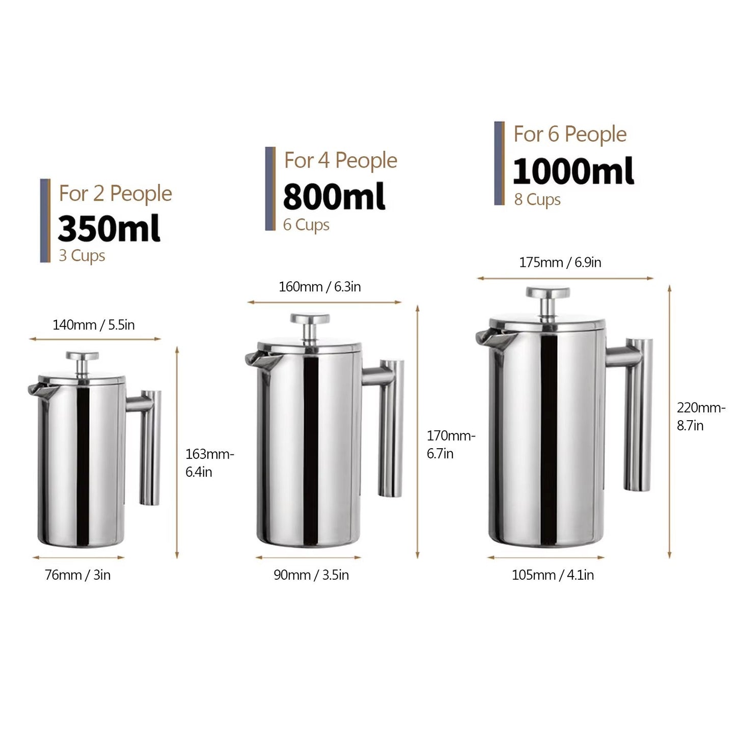 Stainless Steel French Press Coffee Maker  Double Wall Insulated Coffee Pot 350ml  800ml  1000ml 4