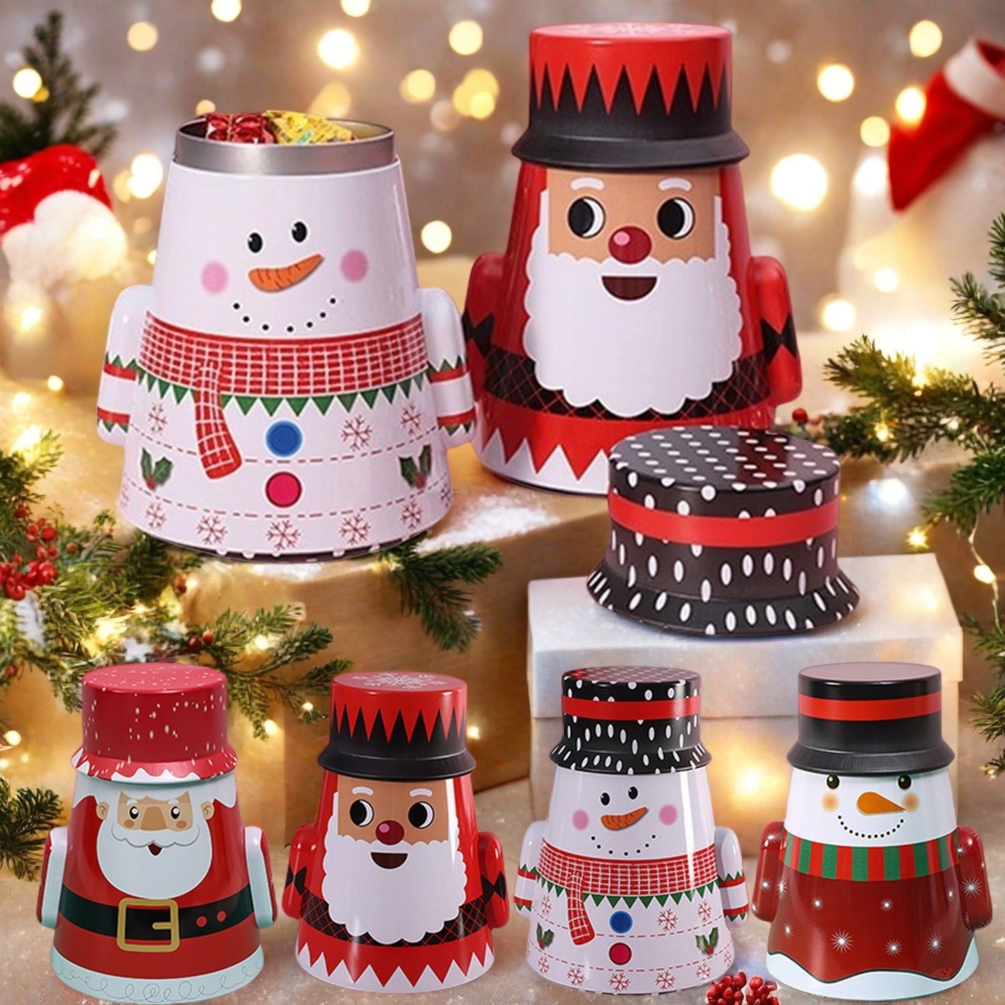 Round Christmas Tin Containers with Gift Ribbon, Large Medium Small Xmas Metal Nesting Containers, Christmas Cookie Tins