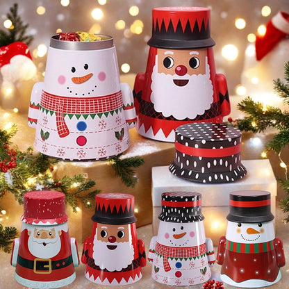 Round Christmas Tin Containers with Gift Ribbon, Large Medium Small Xmas Metal Nesting Containers, Christmas Cookie Tins