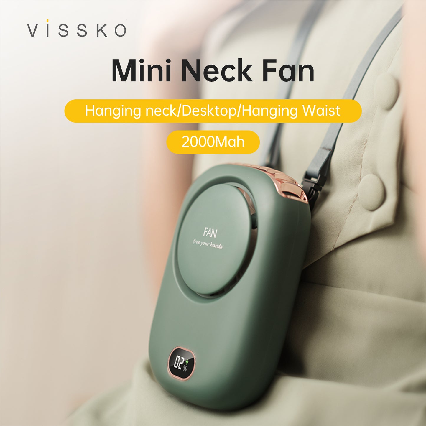 Vissko Portable Hanging Neck Fan, Bladeless USB Rechargeable Mini Fan with Adjustable Lanyard for Sports, Travel