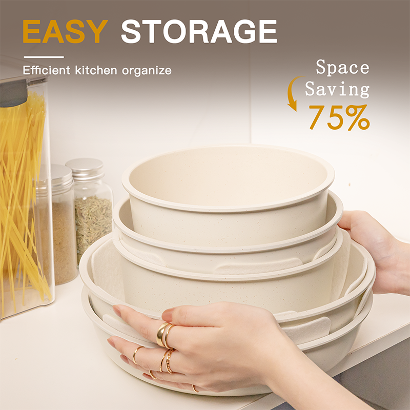 Complete Milky White Ceramic Cookware Set, Astercook Non-Stick Pots and Pans Set with Safe Sensor Handles