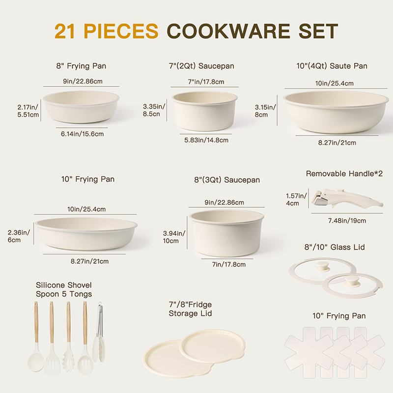 Complete Milky White Ceramic Cookware Set, Astercook Non-Stick Pots and Pans Set with Safe Sensor Handles