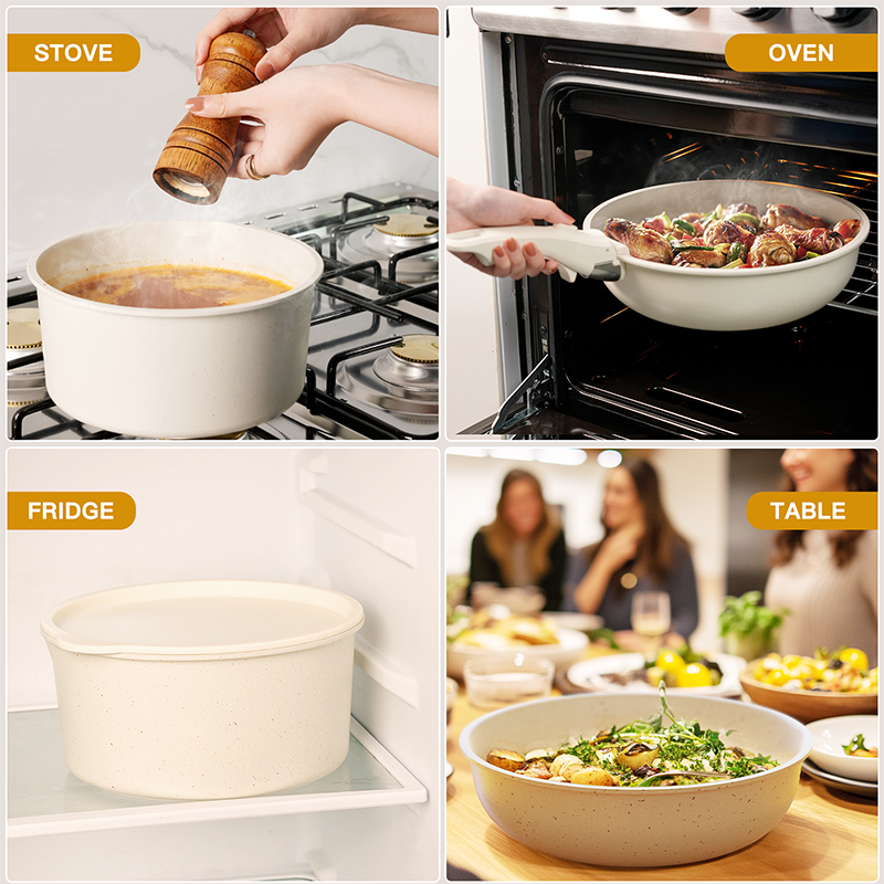 Complete Milky White Ceramic Cookware Set, Astercook Non-Stick Pots and Pans Set with Safe Sensor Handles