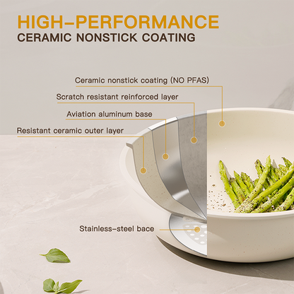 Complete Milky White Ceramic Cookware Set, Astercook Non-Stick Pots and Pans Set with Safe Sensor Handles