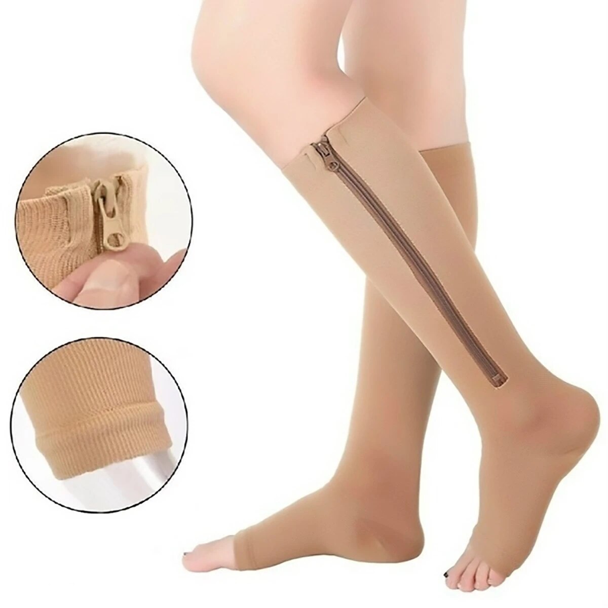Unisex Compression Socks for Men, Women, Knee High Support Socks with Zipper, Open Toe, Thin, Stretchy for Anti-Fatigue