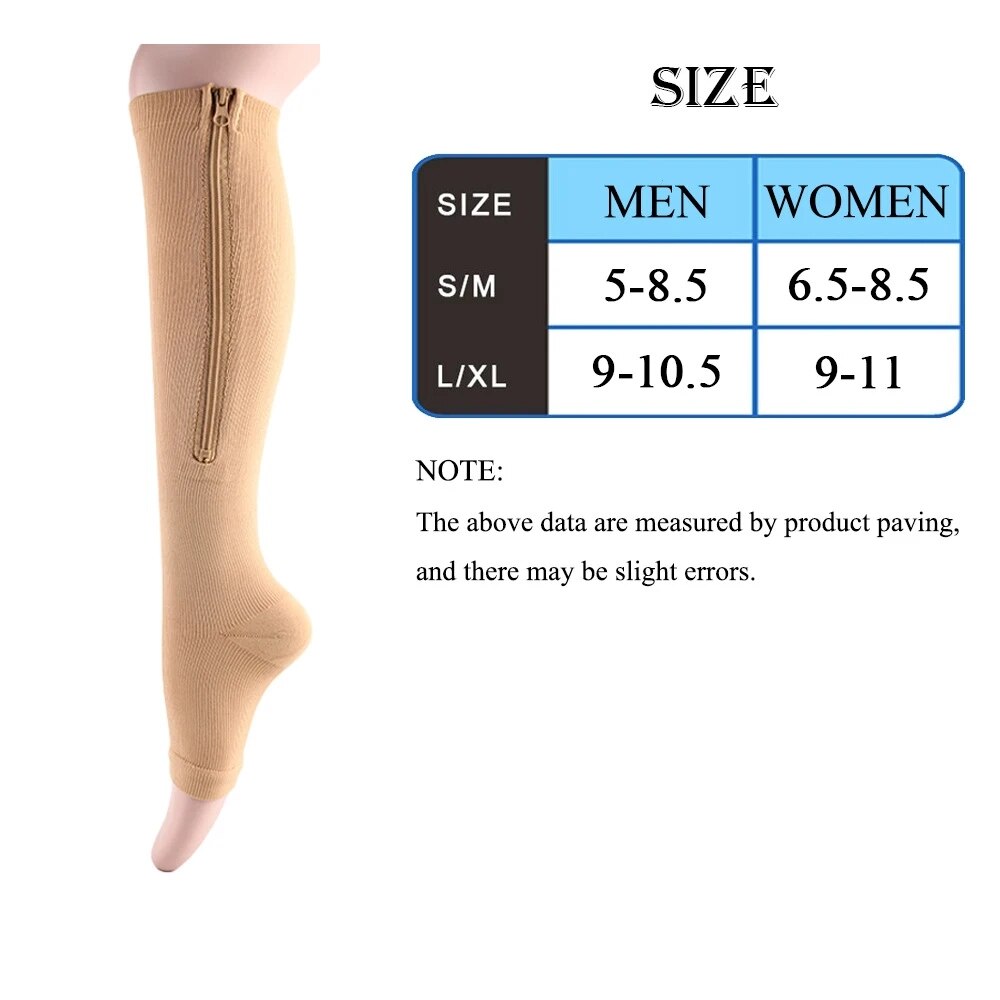 Unisex Compression Socks for Men, Women, Knee High Support Socks with Zipper, Open Toe, Thin, Stretchy for Anti-Fatigue