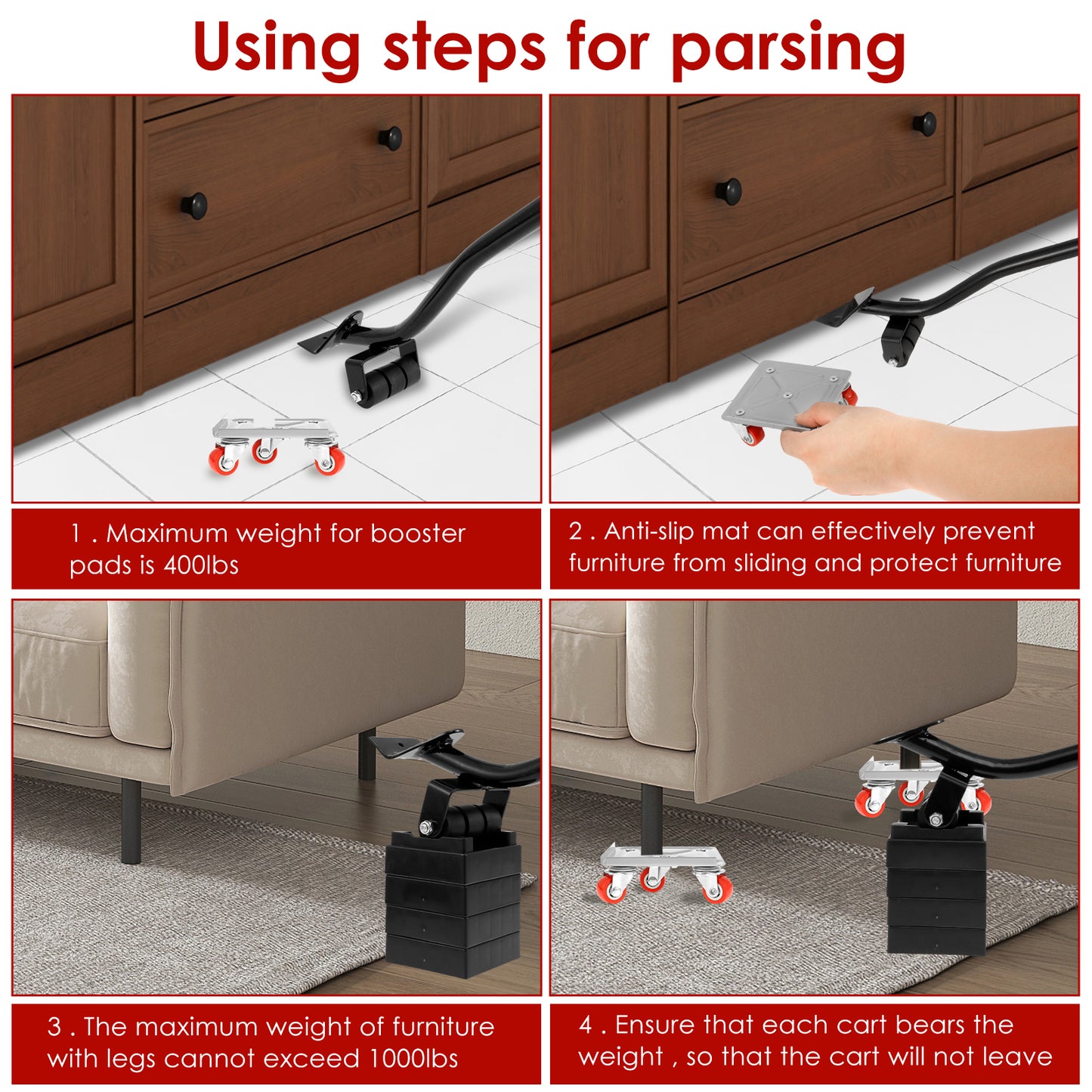 600KG Heavy Duty Furniture Lifter Mover, Labor-Saving Slider Roller Dolly for Easy Transpor