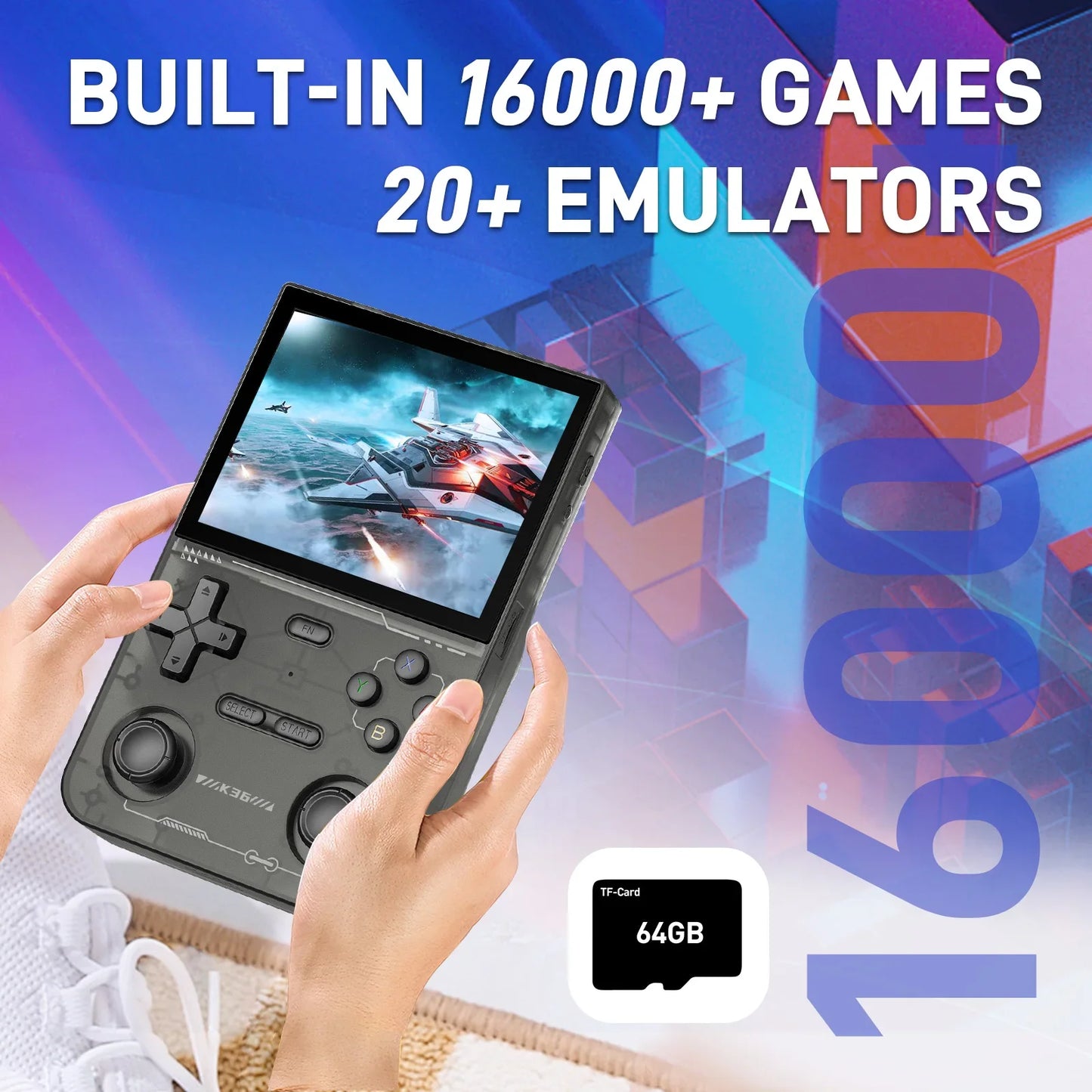 GAMINJA K36 3.5Inch IPS Screen Handheld Game Console, 64GB Memory Preloaded Classic Games, Portable Open Source