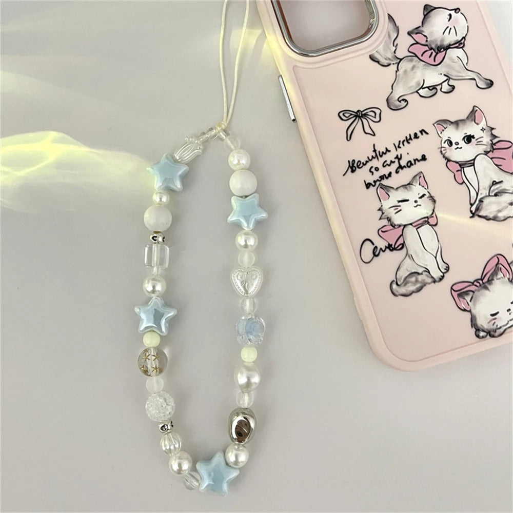 Korean Star Pearl Beaded Phone Chain, Summer Handmade Phone Strap, Hanging Cord Mobile Lanyard Jewelry Gift