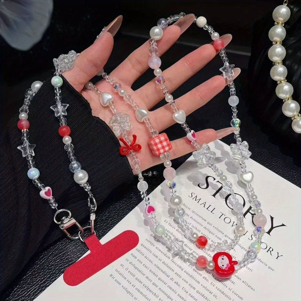 Cute Mobile Phone Chain Crossbody, Handmade Beaded Strap Chain, Plaid Square Strawberry Love Lanyard for Fashion Trend
