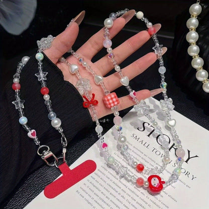 Cute Mobile Phone Chain Crossbody, Handmade Beaded Strap Chain, Plaid Square Strawberry Love Lanyard for Fashion Trend
