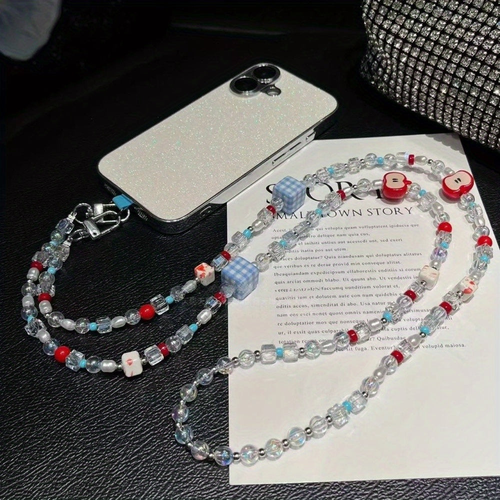 Cute Mobile Phone Chain Crossbody, Handmade Beaded Strap Chain, Plaid Square Strawberry Love Lanyard for Fashion Trend