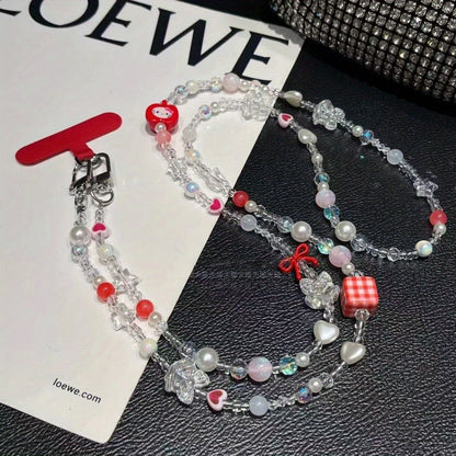 Cute Mobile Phone Chain Crossbody, Handmade Beaded Strap Chain, Plaid Square Strawberry Love Lanyard for Fashion Trend