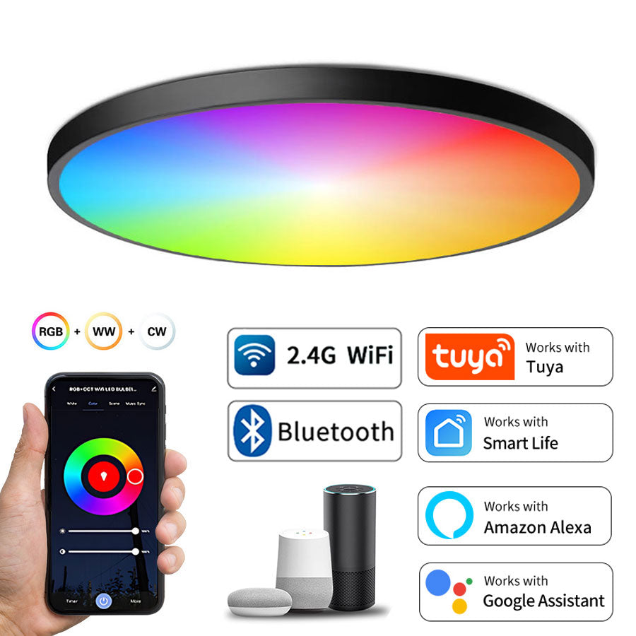 Tuya Smart WiFi BLE LED Ceiling Light, 24W RGBCW Round Lamp, Alexa Voice Control, 16M Colors, Indoor Lighting