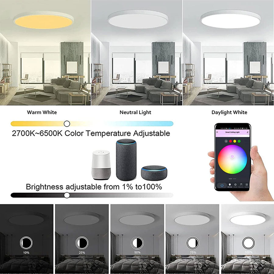Tuya Smart WiFi BLE LED Ceiling Light, 24W RGBCW Round Lamp, Alexa Voice Control, 16M Colors, Indoor Lighting