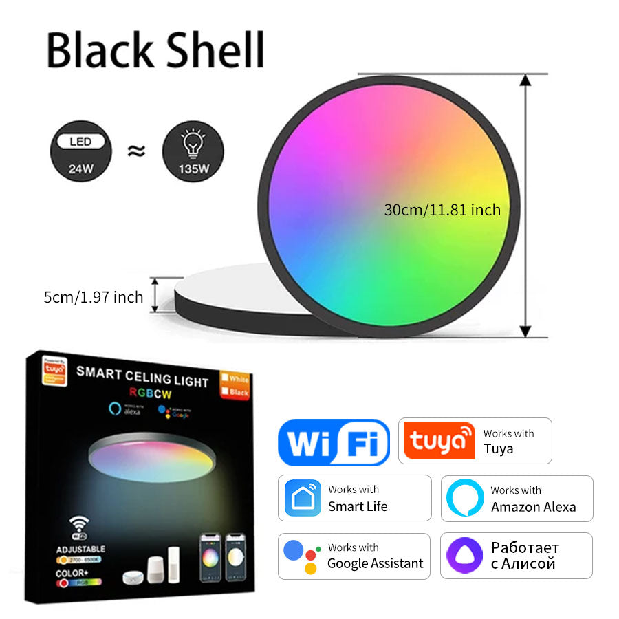 Tuya Smart WiFi BLE LED Ceiling Light, 24W RGBCW Round Lamp, Alexa Voice Control, 16M Colors, Indoor Lighting