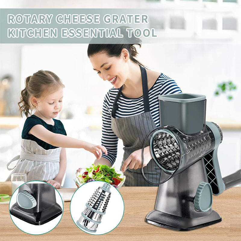 LMETJMA 3-in-1 Rotary Cheese Grater, Versatile Manual Vegetable Slicer, Peanut Nuts Grinder & Cheese Shredder