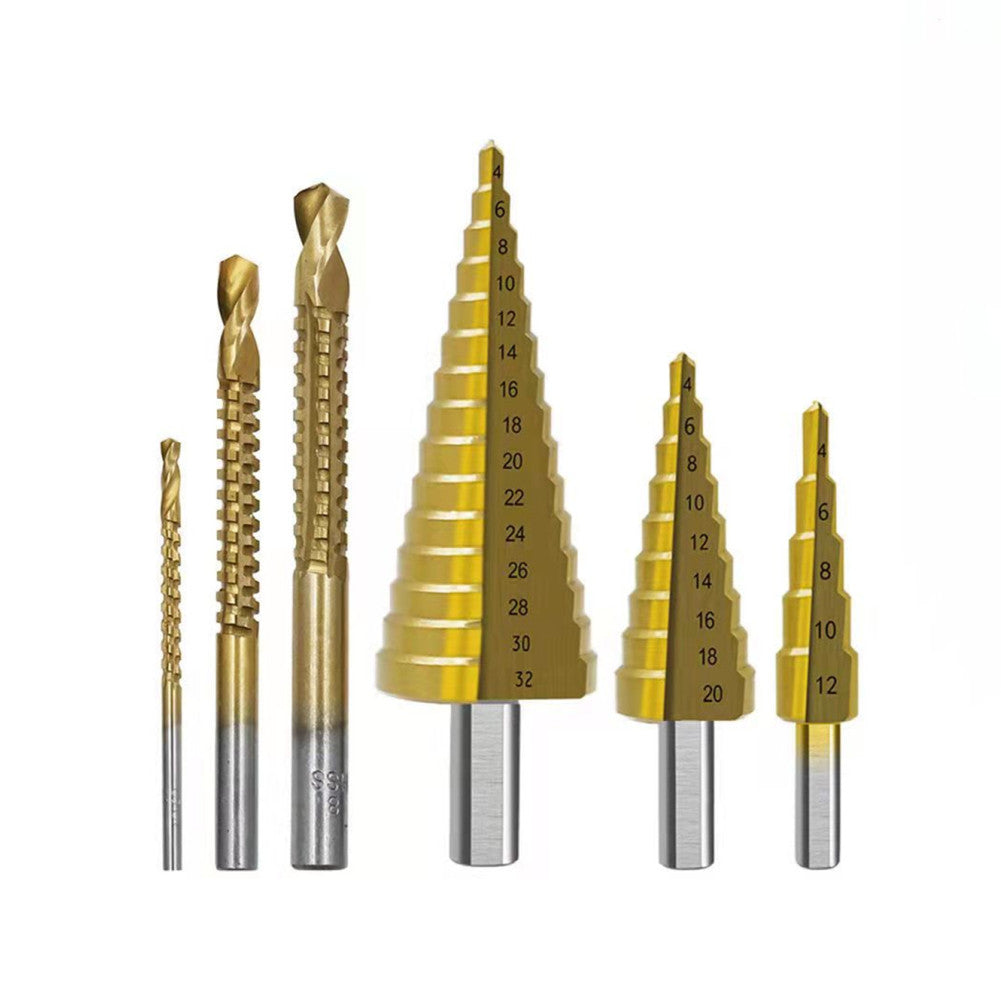 6Pcs Titanium Step Drill Bit Set, High-Speed Steel Milling Cutter for Woodworking, Metal, and Core Hole Opening