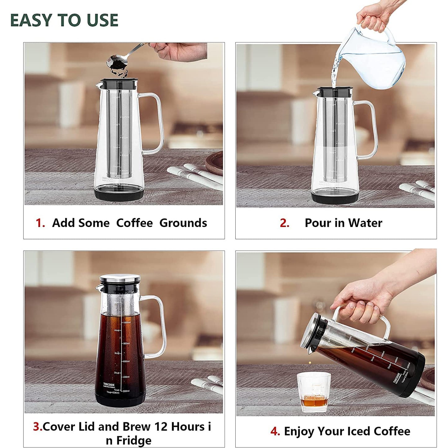 Leeseph Airtight Cold Brew Iced Coffee Maker and Tea Infuser, Glass Carafe with Stainless Steel Filter
