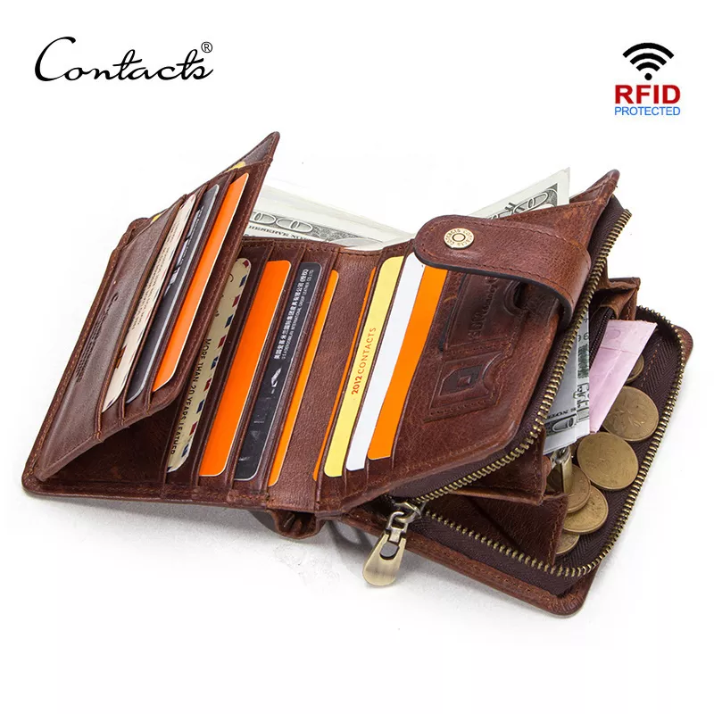 Genuine Leather RFID Wallet for Men, Vintage Short Wallet with Coin Pocket, Card Holders & Zipper Pocket Man