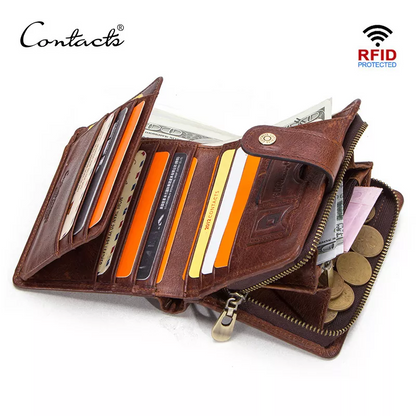 Genuine Leather RFID Wallet for Men, Vintage Short Wallet with Coin Pocket, Card Holders & Zipper Pocket Man