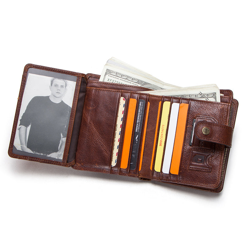 Genuine Leather RFID Wallet For Men Vintage Short Wallet With Coin Pocket Card Holders  Zipper Pock 1