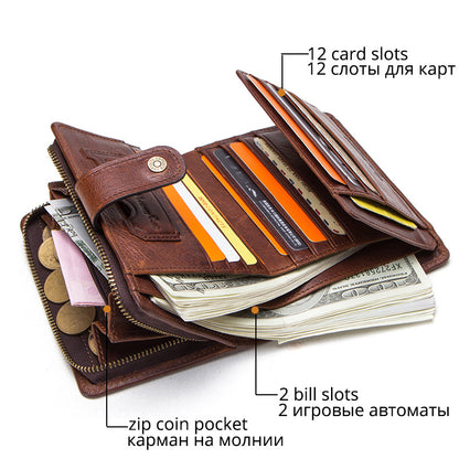 Genuine Leather RFID Wallet For Men Vintage Short Wallet With Coin Pocket Card Holders  Zipper Pock 2