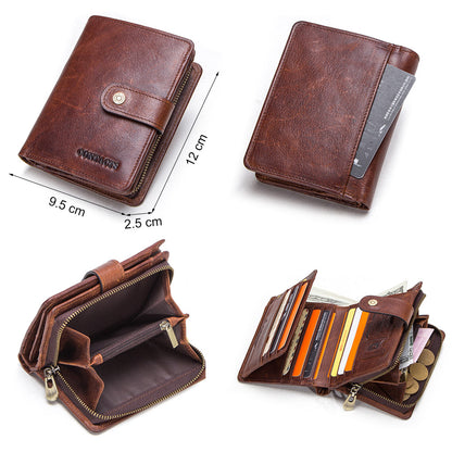 Genuine Leather RFID Wallet For Men Vintage Short Wallet With Coin Pocket Card Holders  Zipper Pock 3