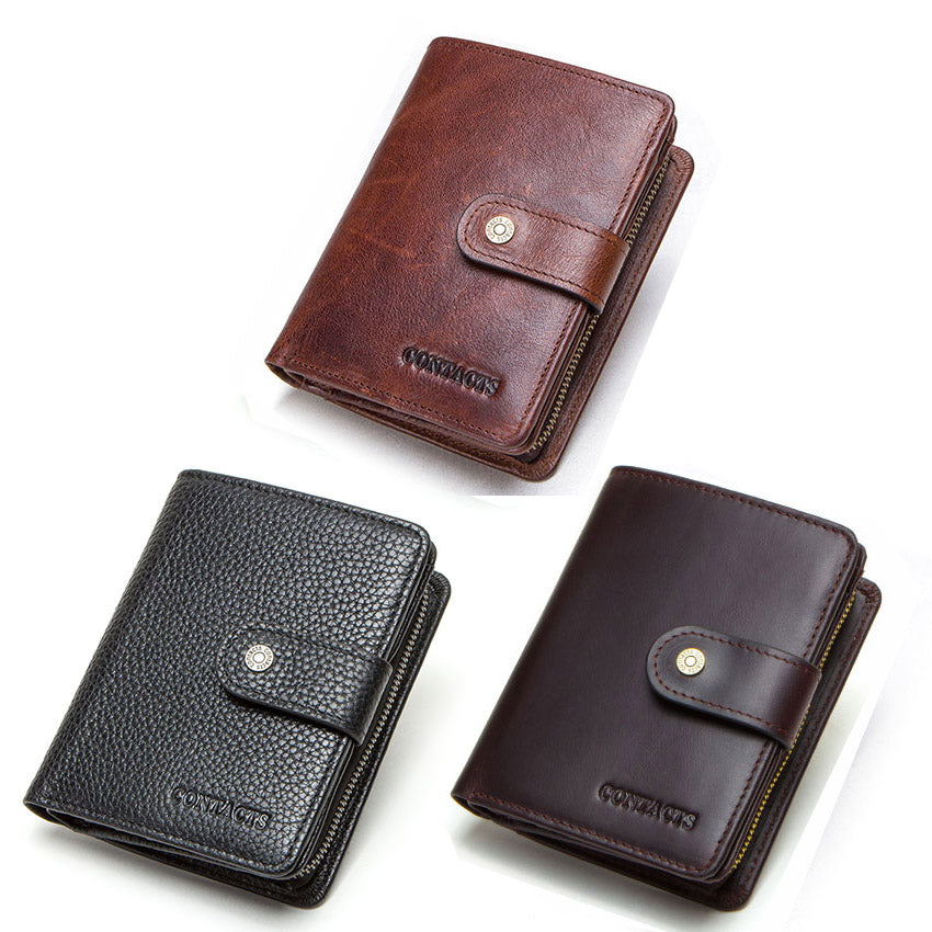 Genuine Leather RFID Wallet For Men Vintage Short Wallet With Coin Pocket Card Holders  Zipper Pock 4