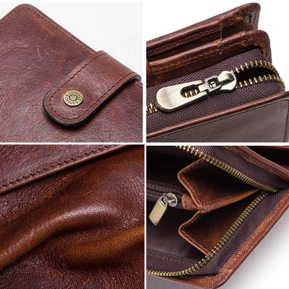 Genuine Leather RFID Wallet For Men Vintage Short Wallet With Coin Pocket Card Holders  Zipper Pock 5