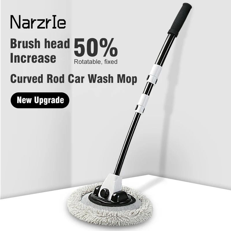 Telescopic Car Wash Brush with 15 Degree Bend and Rotating Chenille Mop Head