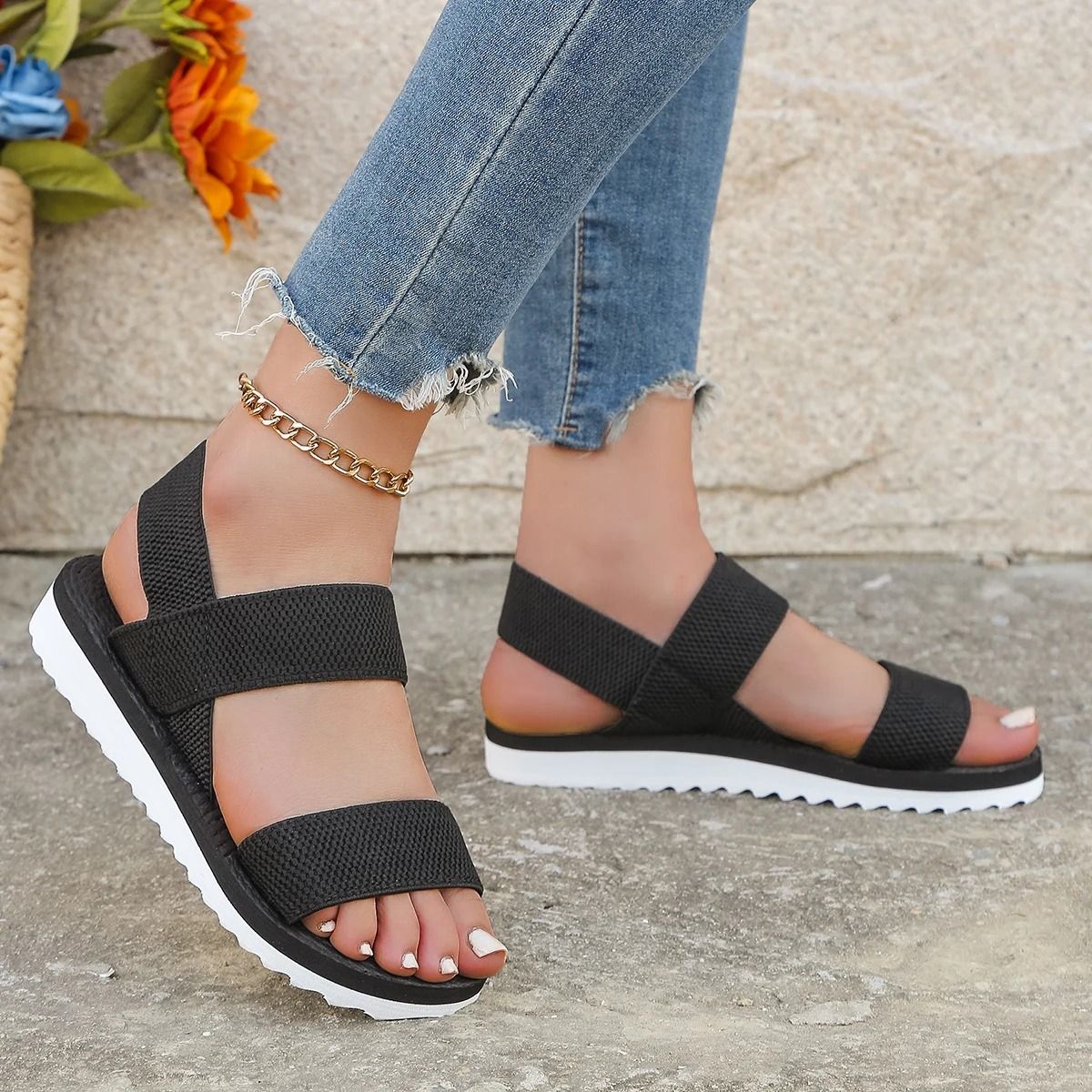 Womens Fashion Comfortable Flat Sandals With Matching Color Sole And Pure Black Shoelace Design 1