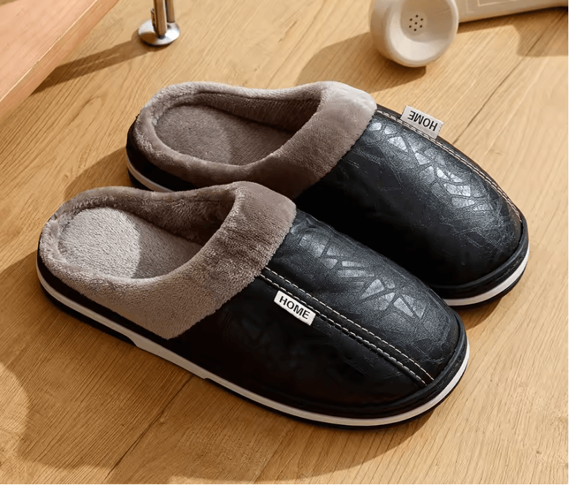 Mens Winter Slippers With PU Leather Waterproof Upper And Warm Fur Lining 2