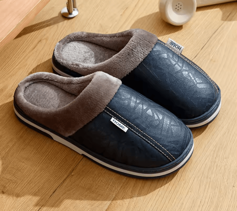 Mens Winter Slippers With PU Leather Waterproof Upper And Warm Fur Lining 3
