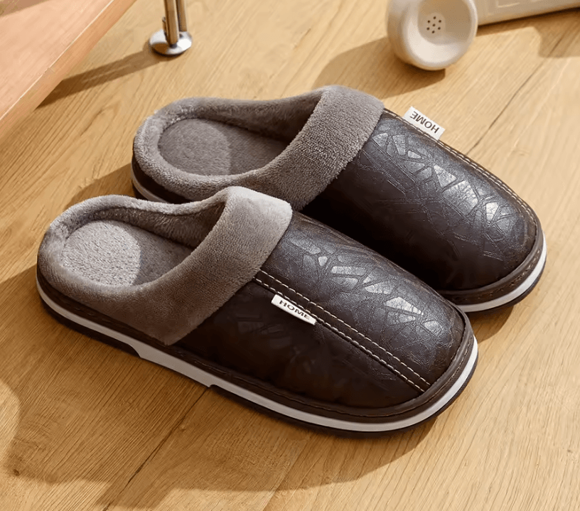 Mens Winter Slippers With PU Leather Waterproof Upper And Warm Fur Lining 4