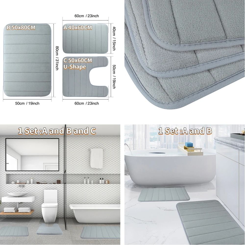 Super Absorbent Memory Foam Bath Mat Set Non Slip Bathroom Rug And Shower Room Doormat 3
