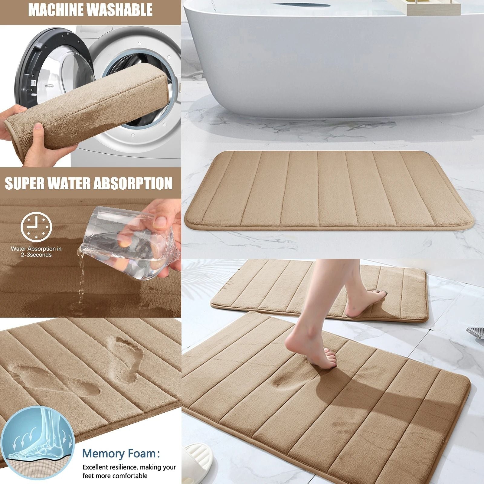 Super Absorbent Memory Foam Bath Mat Set Non Slip Bathroom Rug And Shower Room Doormat 6
