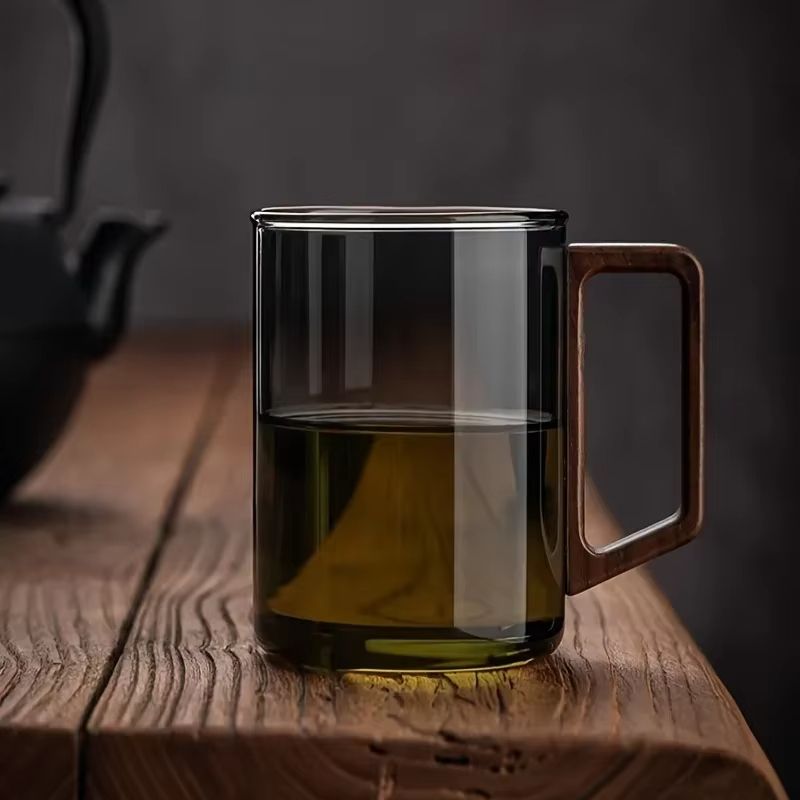 Glass Coffee Mug With Walnut Handle  HeatResistant 400ml Large Capacity Tea  Drinking Cup 5