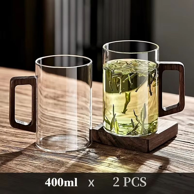 Glass Coffee Mug With Walnut Handle  HeatResistant 400ml Large Capacity Tea  Drinking Cup 6