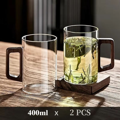 Glass Coffee Mug With Walnut Handle  HeatResistant 400ml Large Capacity Tea  Drinking Cup 6