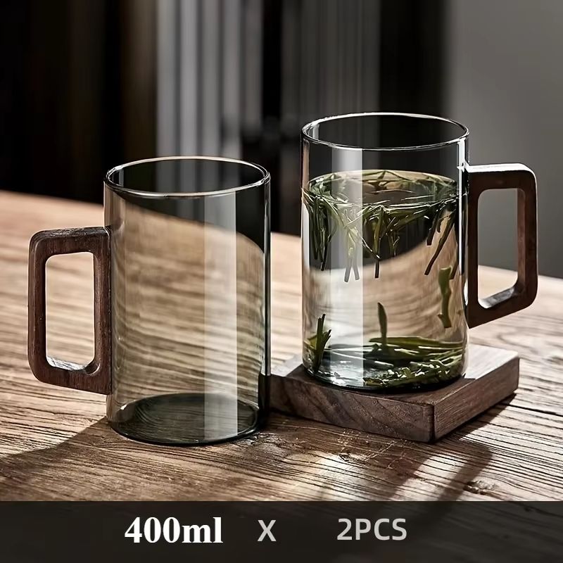 Glass Coffee Mug With Walnut Handle  HeatResistant 400ml Large Capacity Tea  Drinking Cup 7