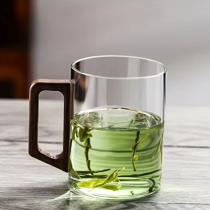 Glass Coffee Mug With Walnut Handle  HeatResistant 400ml Large Capacity Tea  Drinking Cup 8