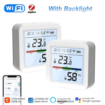 Tuya Smart WiFi & Zigbee Temperature and Humidity Sensor with Backlight Display and Voice Control