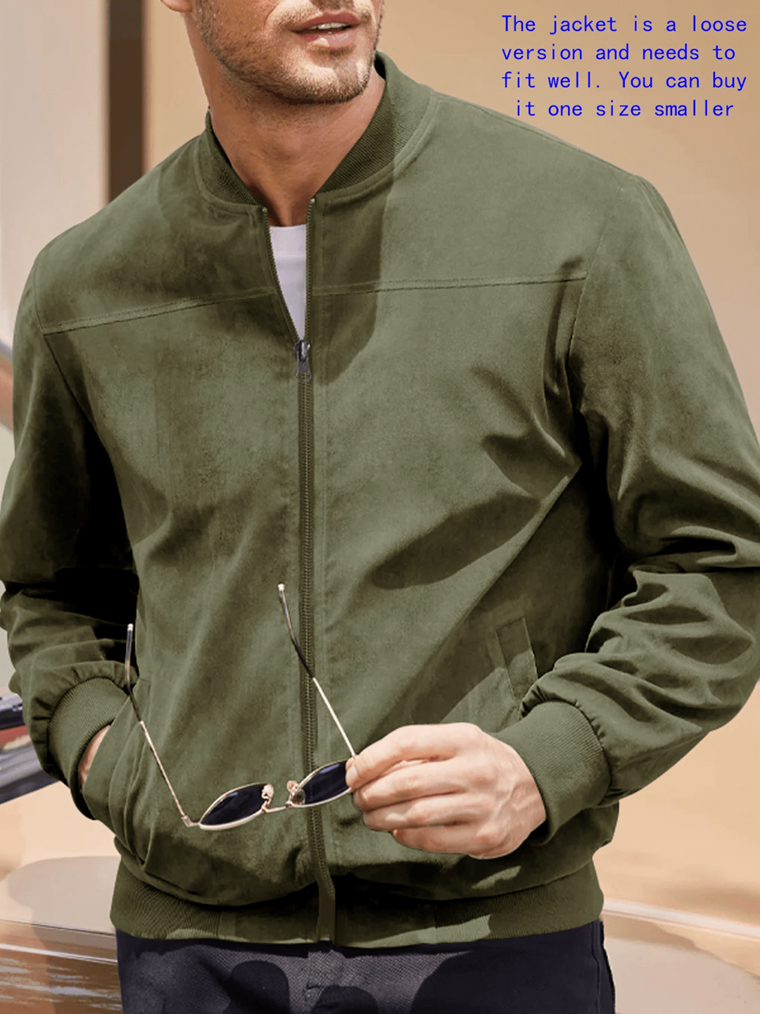 Mens Suede Bomber Jacket Casual Lightweight Zipper Sport Style 3