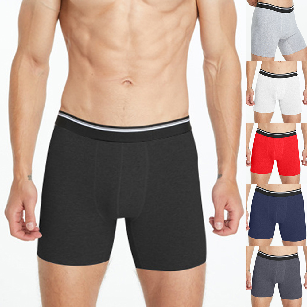 Mens Mid Long Black Boxer Shorts, Cotton Underwear Breathable Male, Comfortable Underpants for Man Homme Soft Boxers