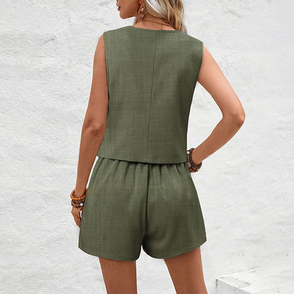 2024 Summer Women's Elegant Solid Waistcoat Shorts Set, Sleeveless Vest Top, High Waist Slim Shorts, Office Casual