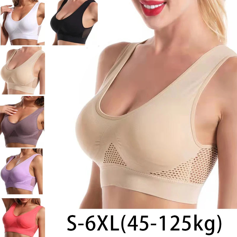 Seamless Women Sports Bra Large Size No Steel Ring, Comfortable Underwear with Removable Chest Pad, Mesh Sport Vest Bras