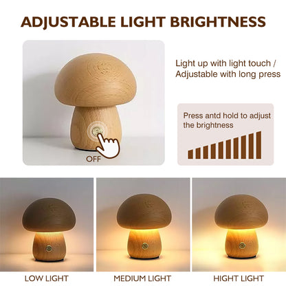 Wooden Mushrooms Night Light Bedroom Bedside Table Lamp Walnut Beech Wood Warm Dimmable Desk Light  2